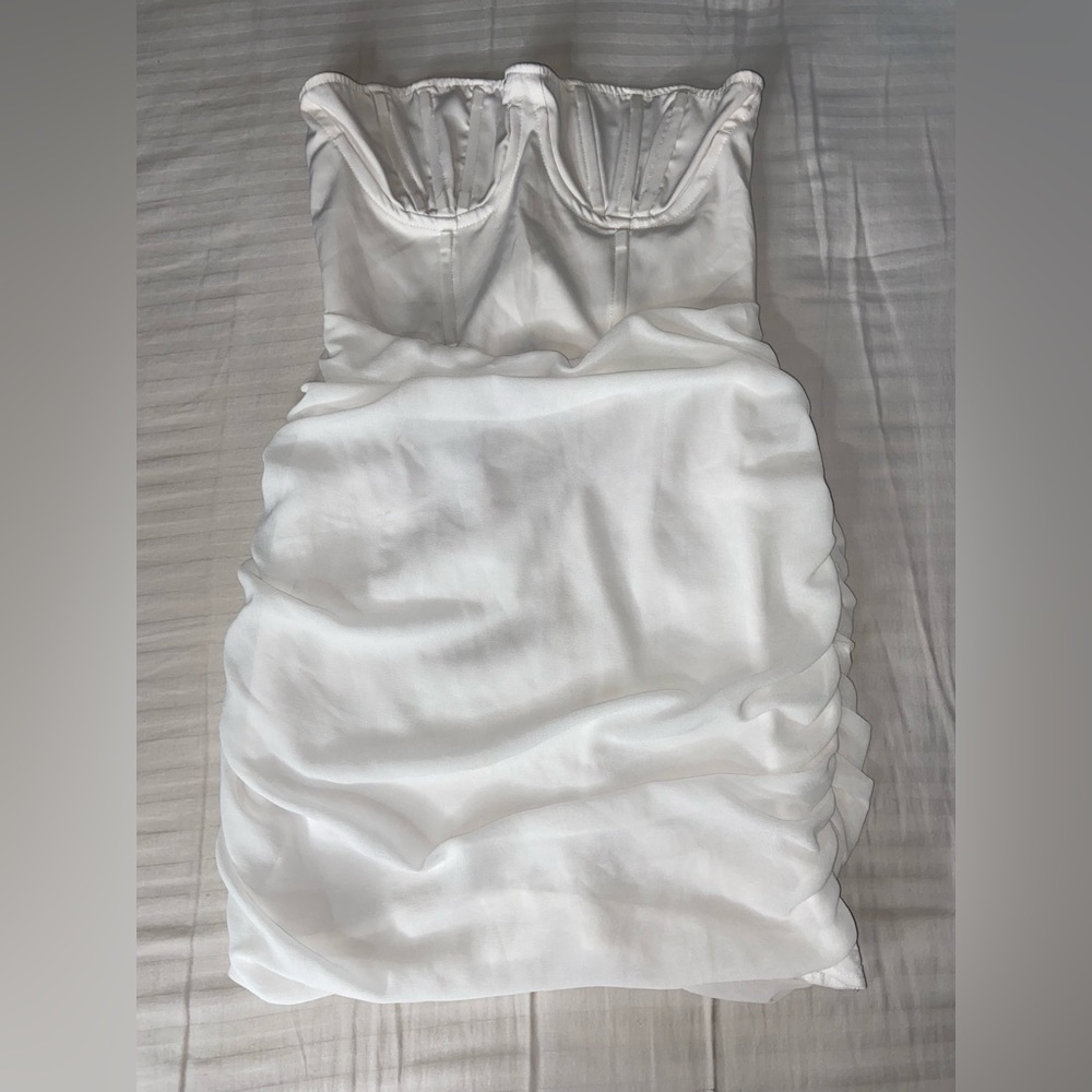 White bandeau binder cup detail ruched bodycon dress